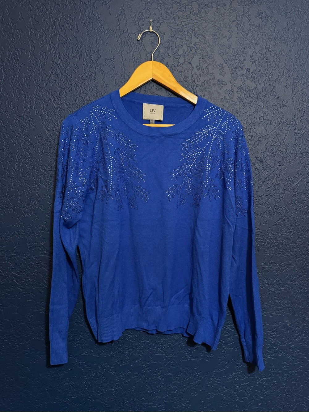Royal Blue sweater with Rhinestone winter branch motif